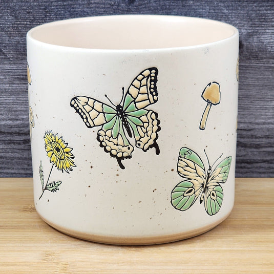 Mushroom and Butterfly Flower Planter Pot Utensil Holder Ceramic 6.5in Blue Sky