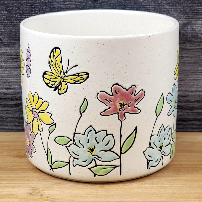 Load image into Gallery viewer, Wildflower Butterfly Planter Utensil Holder Plant Ceramic Crock Blue Sky 6.5in
