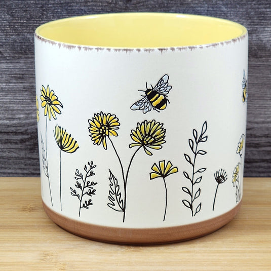 Flower Garden Planter Utensil Holder Daisy Plant Bee Ceramic Blue Sky Yellow 6.5in