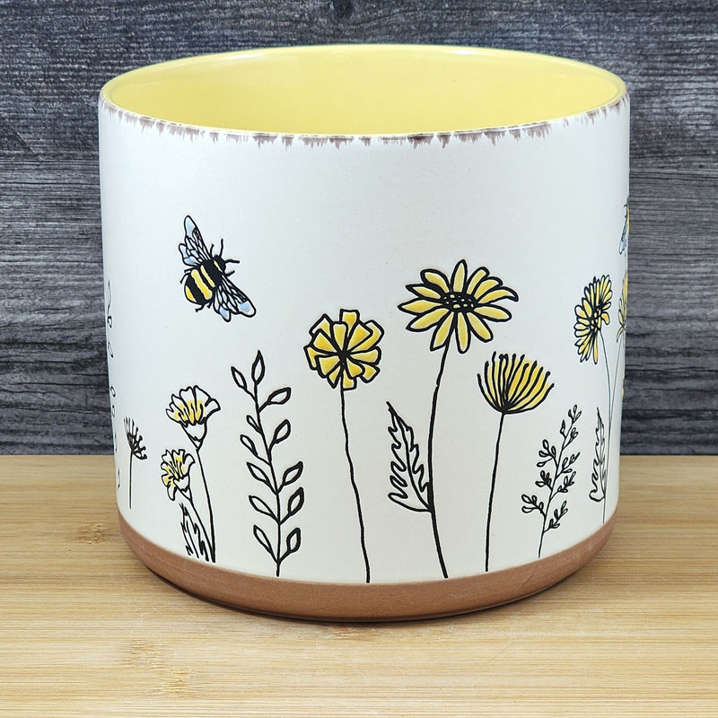 Load image into Gallery viewer, Flower Garden Planter Utensil Holder Daisy Plant Bee Ceramic Blue Sky Yellow 6.5in
