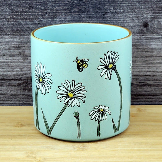 Daisy Bee Field Planter Utensil Organizer Succulent Plant Ceramic Blue Sky 5in