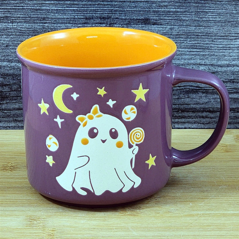 Load image into Gallery viewer, Whimsical Ghost Mug Halloween Ceramic Coffee Tea Cup Orange Purple Blue Sky 17oz
