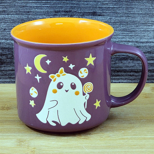 Whimsical Ghost Mug Halloween Ceramic Coffee Tea Cup Orange Purple Blue Sky 17oz