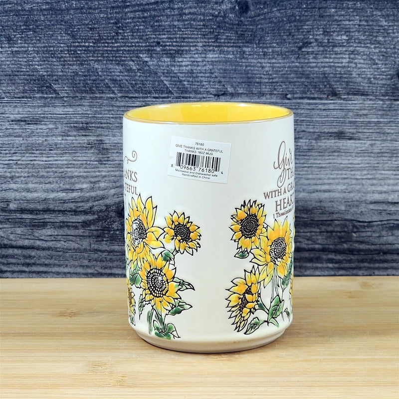 Load image into Gallery viewer, Religious Coffee Mug Thessalonians 5:18 &amp; Sunflower Embossed 18 oz Cup Blue Sky
