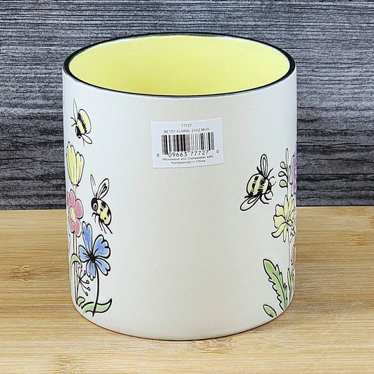 Floral Coffee Mug Summer Bee's Yellow Pink Flowers 21oz Cup Embossed Blue Sky