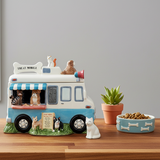 A decorative ceramic cat-themed treat mobile truck sits on a wooden surface next to a small potted succulent and a blue pet bowl with bones. The truck is white and light blue with illustrated dogs and cats, a striped awning, and a sign reading 'TREAT MOBILE'.