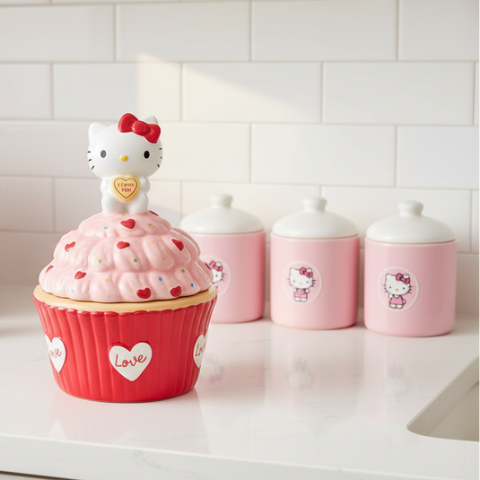 A pink Hello Kitty cupcake-shaped container sits on a white kitchen counter, styled with a matching pink Hello Kitty toaster, pink canisters, and small Hello Kitty figurines in the background.