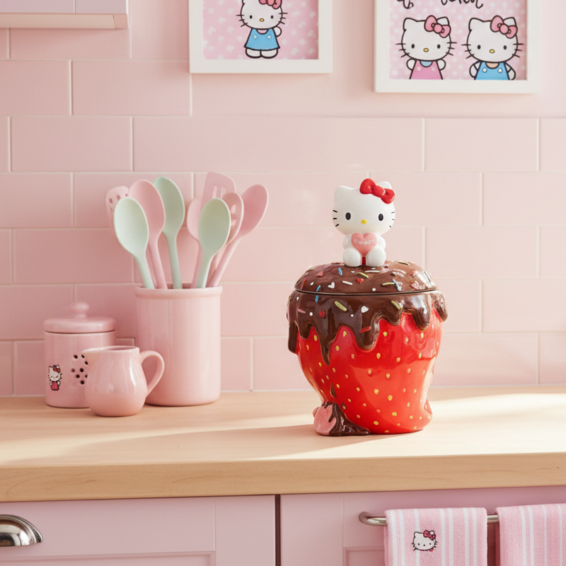 Load image into Gallery viewer, Cookie jar shaped like a strawberry with a Hello Kitty figurine on top against a wooden background

