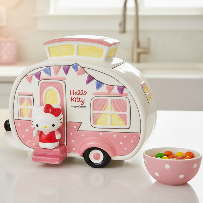 Load image into Gallery viewer, Hello Kitty Retro Camper Cookie Snack Jar Pink Ceramic Blue Sky Embossed Decor
