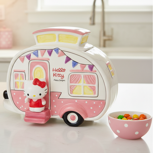 Hello Kitty Retro Camper Cookie Snack Jar Pink Ceramic Blue Sky Embossed Decor
