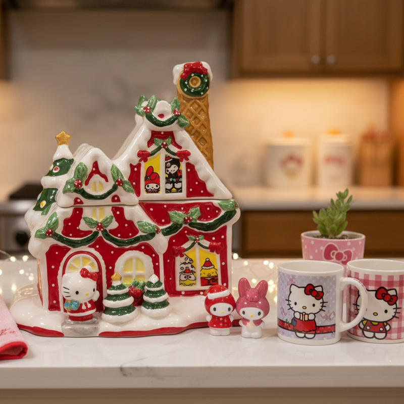 Load image into Gallery viewer, Hello Kitty and Friends Cookie Jar Whimsical Gingerbread House Blue Sky Ceramic
