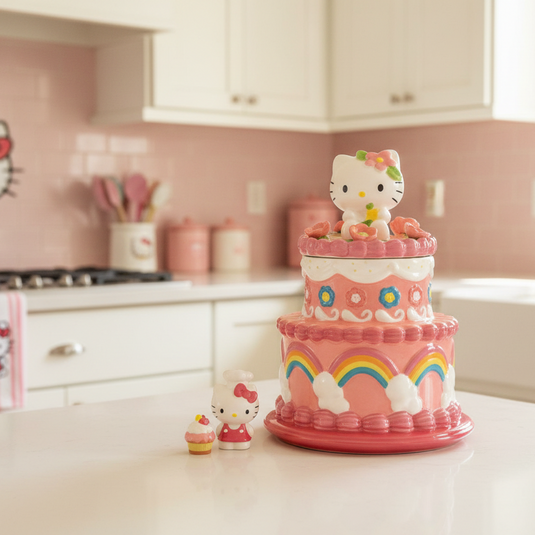 Two-tiered pink cake with Hello Kitty figurine on a dark surface and wooden background