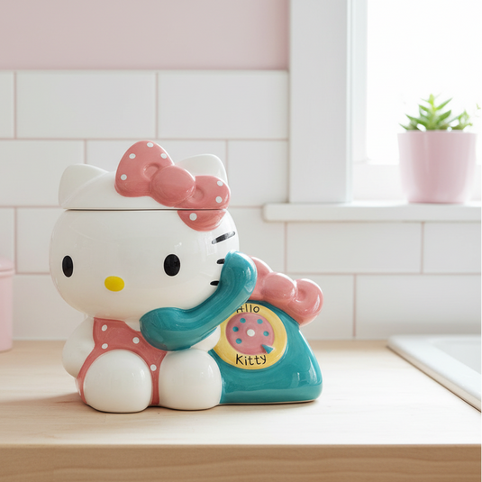 Hello Kitty phone-shaped cookie jar with a pink bow on a dark surface.