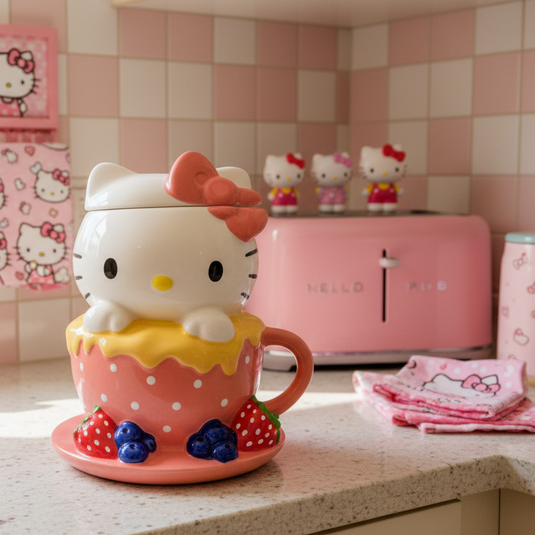 Hello Kitty character on a pink cup with strawberries and blueberries against a dark background