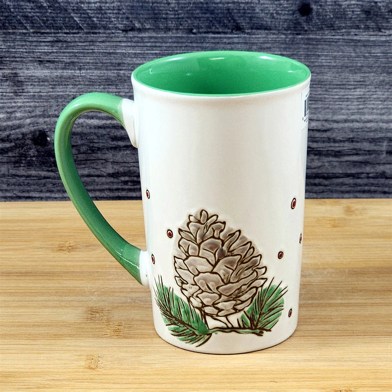 Load image into Gallery viewer, Coffee Mug Christmas Pine Cone Holiday Green Embossed Cup Ceramic Blue Sky 17oz

