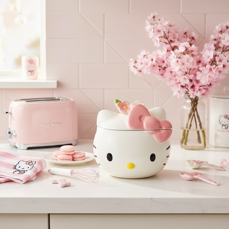 Load image into Gallery viewer, Hello Kitty Head Cookie Jar Snack Jar Pink Bow White Ceramic Blue Sky Embossed
