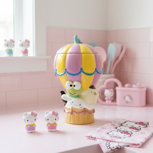 Hello Kitty & Chocolate Hot Air Balloon Cookie Treat Jar Blue Sky Ceramic