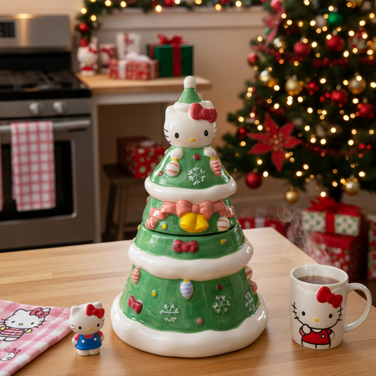 Hello Kitty Cookie Snack Jar Holiday Tree Green Ceramic Blue Sky Embossed