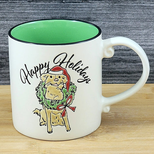 Christmas Dog in Santa Hat Wreath Ceramic Mug Blue Sky Ceramic Green Cup 21oz