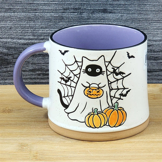 Halloween Ghost Cat Coffee Mug Pumpkin Ceramic Purple Flowers Cup Blue Sky 17oz