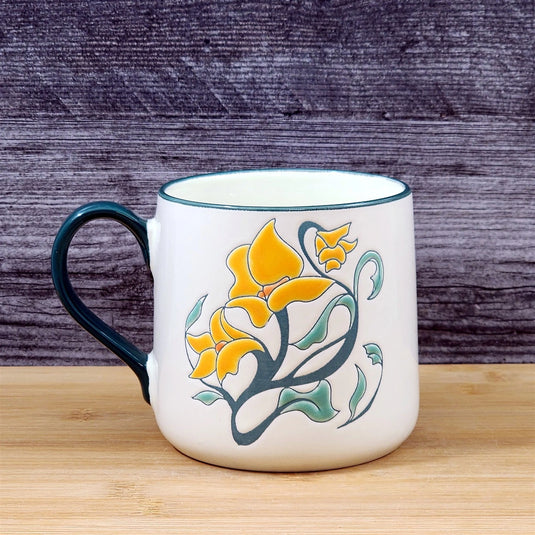 White Ceramic Mug with Yellow Daffodil Floral Embossed 18 oz Tea Cup Blue Sky