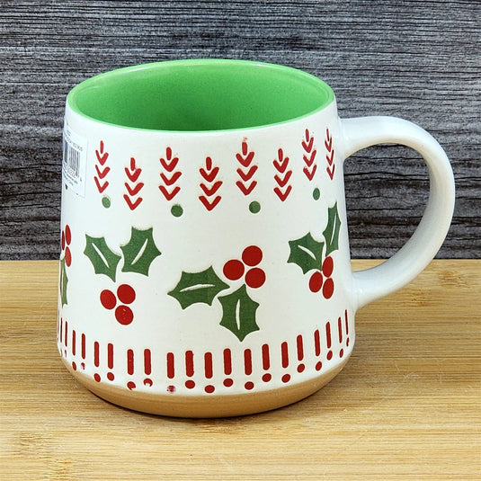 Holly Berry Christmas Coffee Mug Ceramic Holiday Cup Red Green Blue Sky 18oz