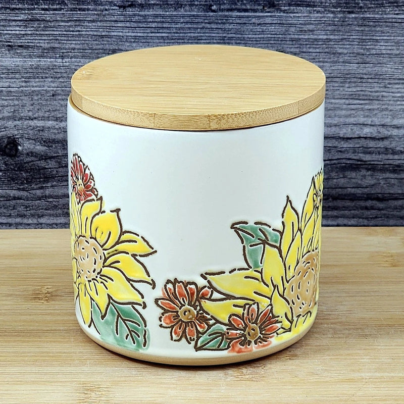 Load image into Gallery viewer, Brandywine Sunflower Canister &amp; Bamboo Lid Embossed 4" Ceramic Jar Blue Sky
