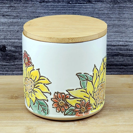 Brandywine Sunflower Canister & Bamboo Lid Embossed 4" Ceramic Jar Blue Sky