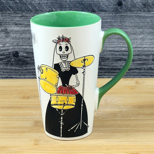 Coffee Mug Day of the Dead Skeleton Woman Drummer Cup Ceramic Blue Sky 17oz