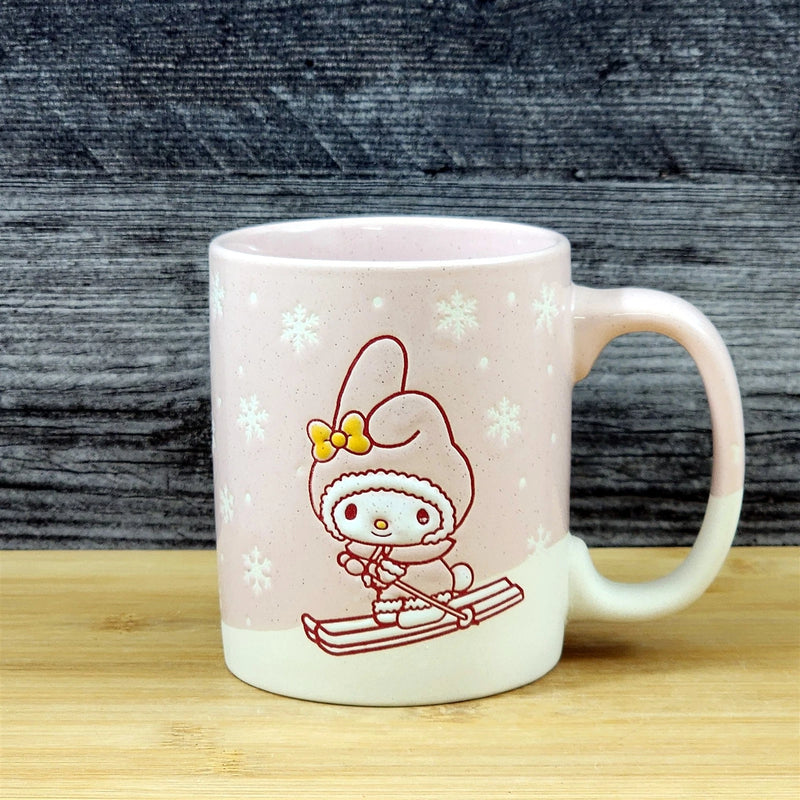 Load image into Gallery viewer, My Melody Downhill Skiing Coffee Mug Ceramic Pink Tea Cup Blue Sky Embossed 18oz
