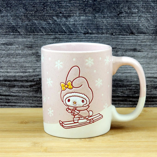 My Melody Downhill Skiing Coffee Mug Ceramic Pink Tea Cup Blue Sky Embossed 18oz