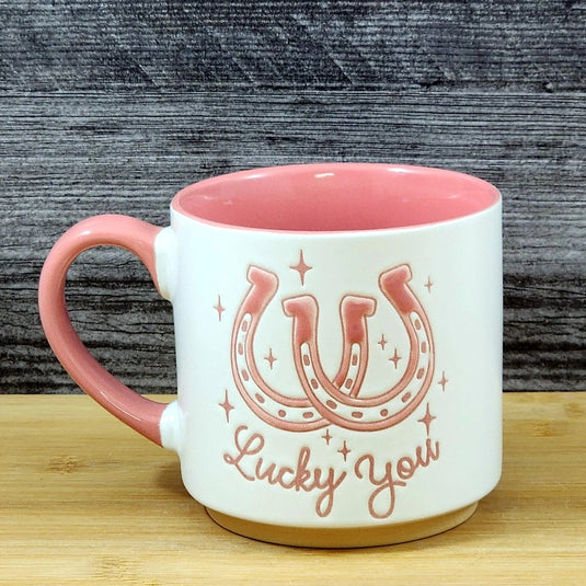 Country Western Coffee Mug Pink Lucky Horse Shoe Ceramic Tea Cup Blue Sky 18oz