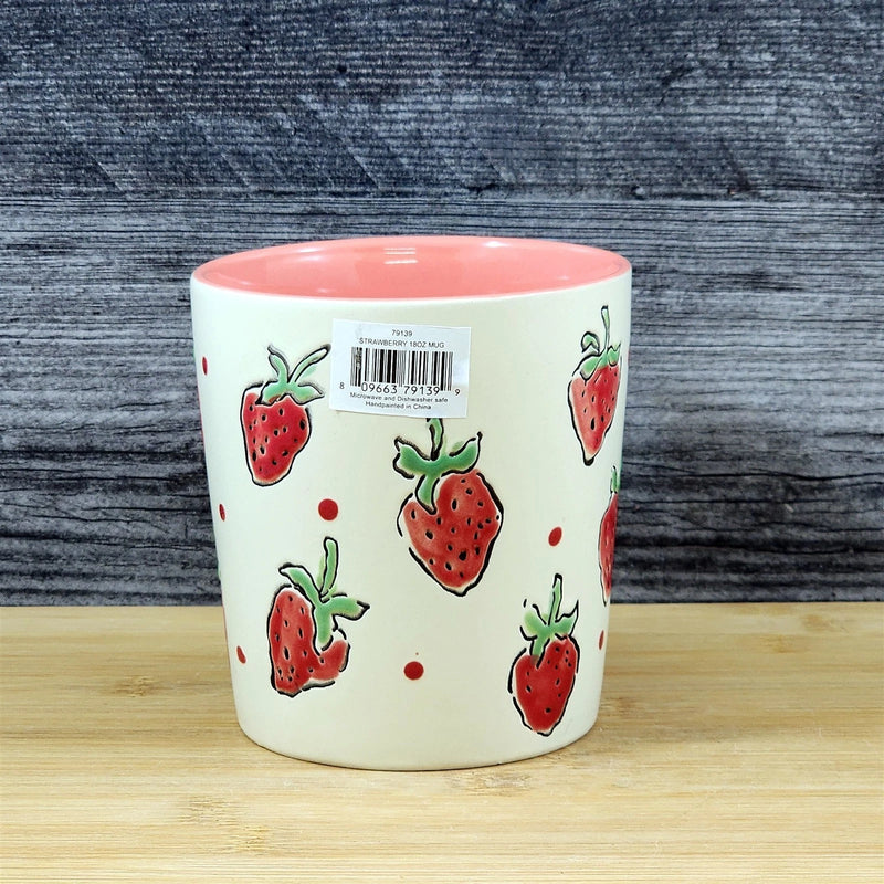 Load image into Gallery viewer, Strawberry Coffee Mug Ceramic Fruit Art Tea Cup Blue Sky Embossed Botanical Pink
