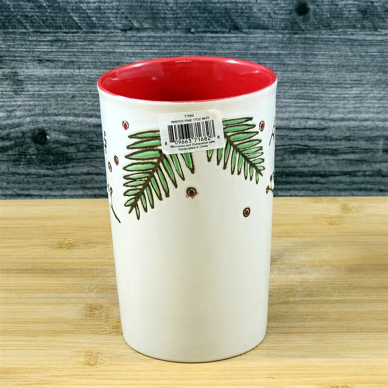 Load image into Gallery viewer, Christmas Coffee Mug Pine Berry Holiday Red Embossed Cup Ceramic Blue Sky 17oz

