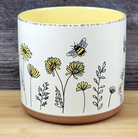 Flower Garden Planter Daisy Plant Bee Ceramic Utensil Holder Blue Sky Yellow 5in