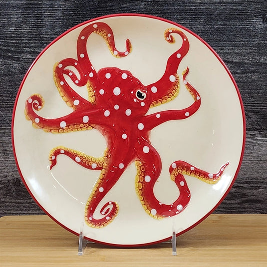 Red Octopus Dinner Plate Embossed Ceramic 10.5" Sea Nautical Blue Sky Goldminc