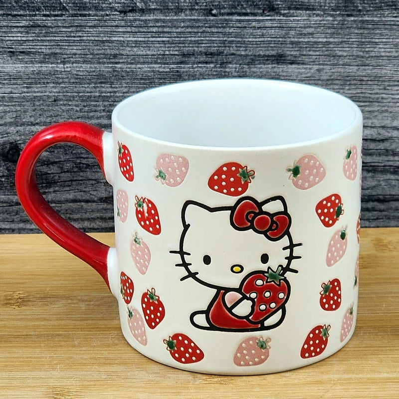 Load image into Gallery viewer, Hello Kitty Strawberry Coffee Mug Red Ceramic Tea Cup Blue Sky Embossed 18oz
