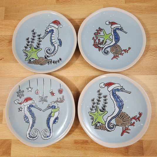 Tide of Festive Delights Set of 4 Appy Plate Seahorse Ceramic 8.5" Blue Sky