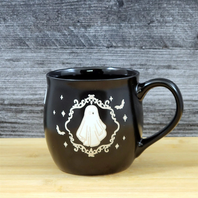 Load image into Gallery viewer, Black Halloween Ghost Mug Spooky Bat's Ceramic Coffee Tea Cup by Blue Sky 18oz
