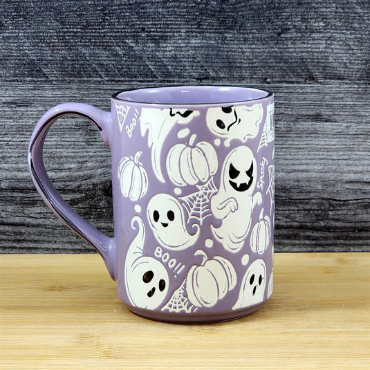 Purple Halloween Ghost Pumpkin Mug Spooky Ceramic Coffee Tea Cup by Blue Sky