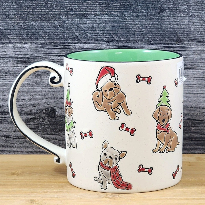 Load image into Gallery viewer, Christmas Dogs in Santa Hat Ceramic Mug Blue Sky Ceramic Embossed Green Cup 21oz
