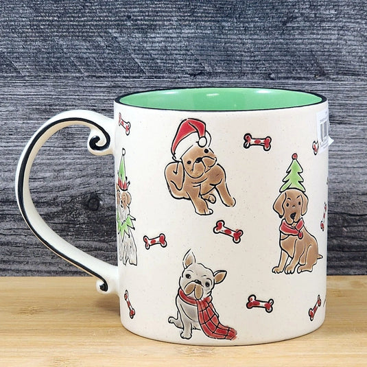Christmas Dogs in Santa Hat Ceramic Mug Blue Sky Ceramic Embossed Green Cup 21oz