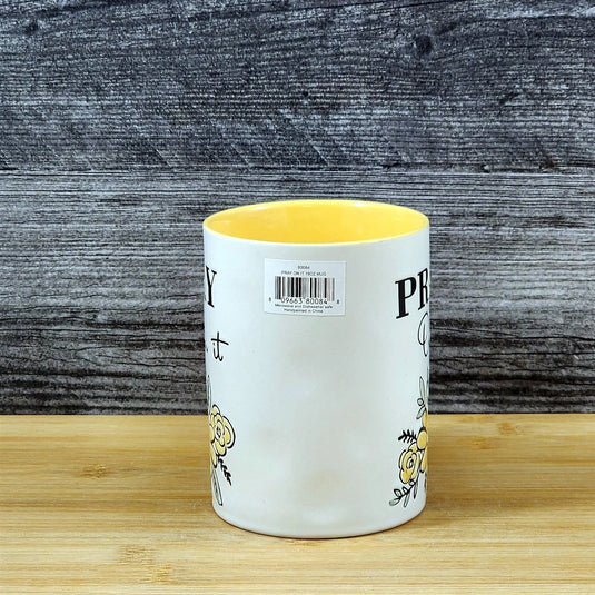 Religious Pray Coffee Mug Floral Yellow White Pink Embossed 18 oz Cup Blue Sky