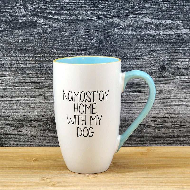 Load image into Gallery viewer, Namast'ay Home With My Dog Coffee Mug Embossed White Ceramic Tea Cup Blue Sky
