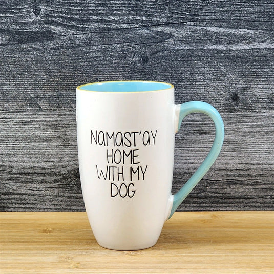 Namast'ay Home With My Dog Coffee Mug Embossed White Ceramic Tea Cup Blue Sky