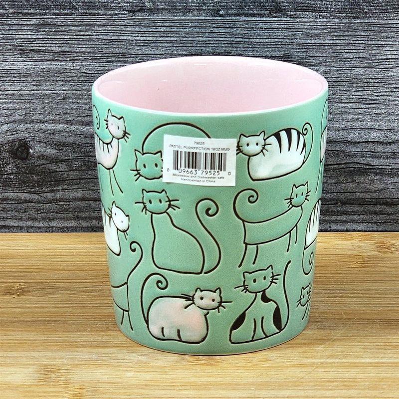 Load image into Gallery viewer, Cat Lover Coffee Mug Pastel Pink Green Embossed Ceramic Tea Cup Blue Sky 18oz
