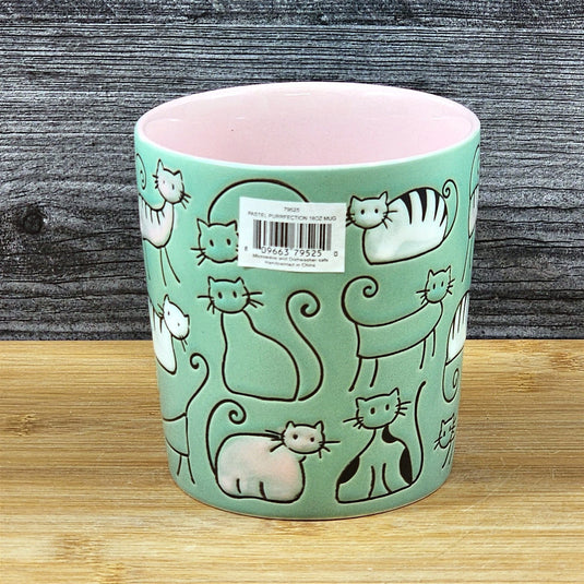 Cat Lover Coffee Mug Pastel Pink Green Embossed Ceramic Tea Cup Blue Sky 18oz