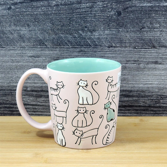 Cat Lover Coffee Mug Embossed Ceramic Tea Cup Blue Sky Pastel Pink 18oz