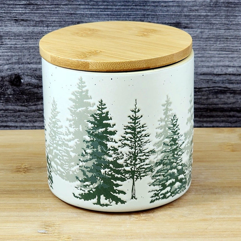 Load image into Gallery viewer, Forest Woods Tree's Canister &amp; Bamboo Lid Embossed Ceramic Green Jar Blue Sky 4"
