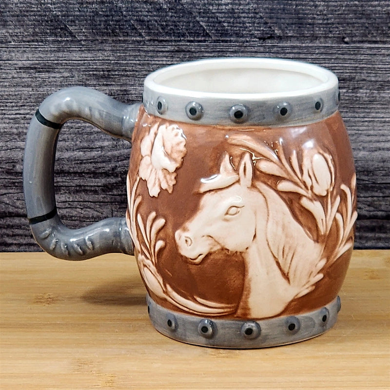 Load image into Gallery viewer, Western Horse Coffee Mug 3D Ceramic Horseshoe Tea Cup Blue Sky Embossed
